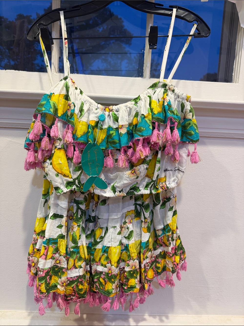 NWT from Positano, Italy Lemon-Print Ruffle Tank Top Pink Tassels w matching Top